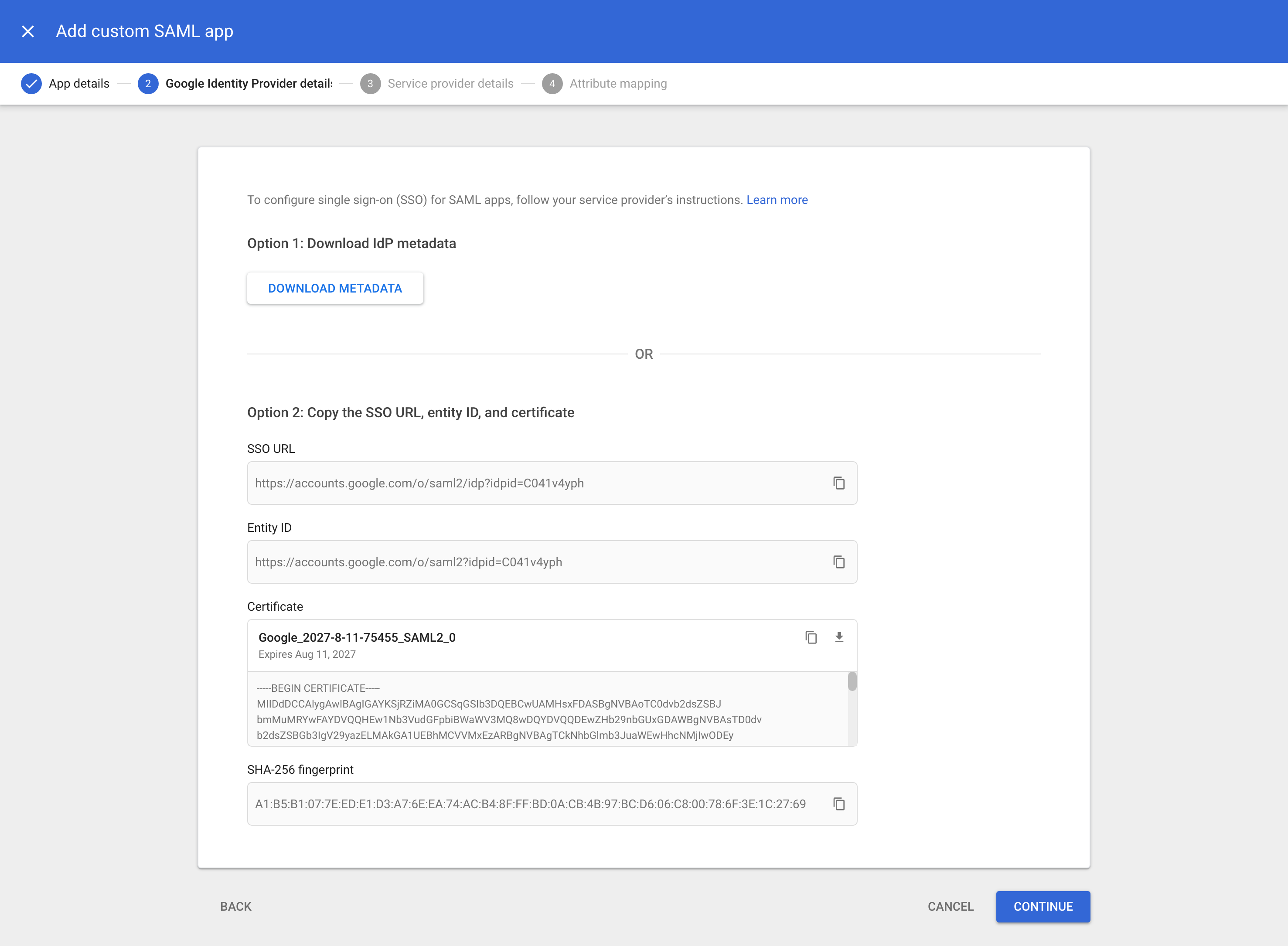 Google Workspace: Web and mobile apps admin console, Add custom SAML, Google Identity Provider details screen